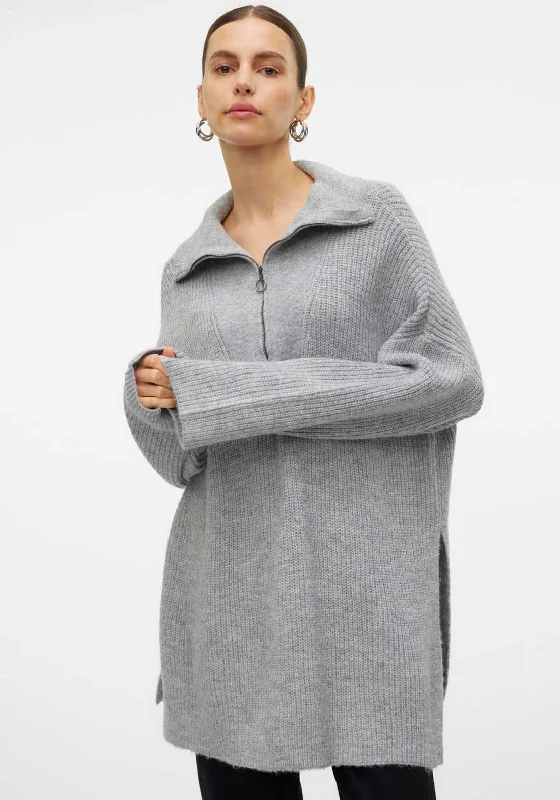 Vero Moda Pernilla Zip Neck Oversized Jumper, Grey Collared Crew Neck Turtle Neck