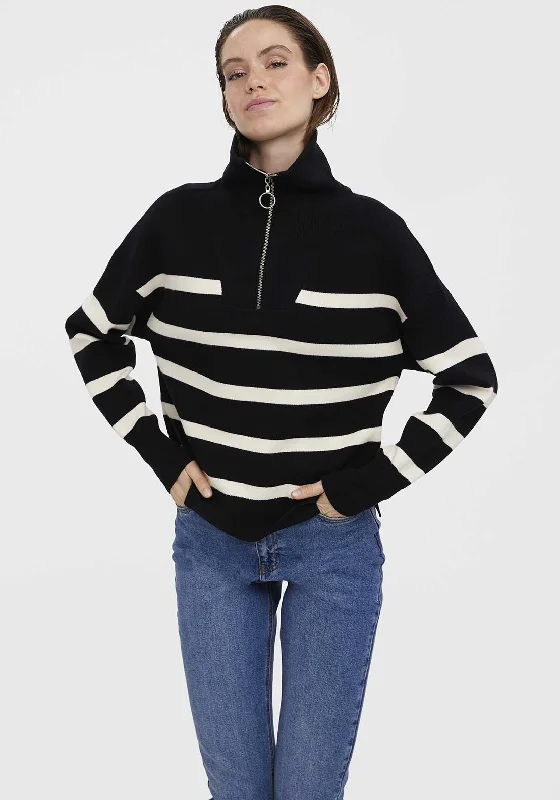 Vero Moda Saba Striped Zip Neck Sweater, Black Spandex Blend Rayon Blend Denim Blend