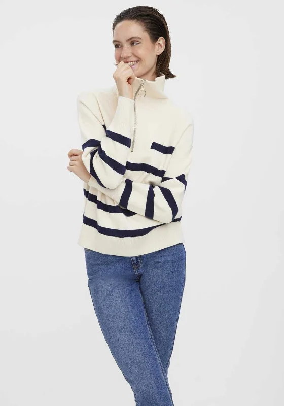 Vero Moda Saba Striped Zip Neck Sweater, Beige Plaid Sweater Polka Dot Checkered