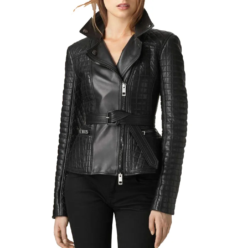 Elegant Slim Fit Waist Belt Leather Jacket One-Shoulder Jacket Off-the-Shoulder Jacket Asymmetrical Jacket