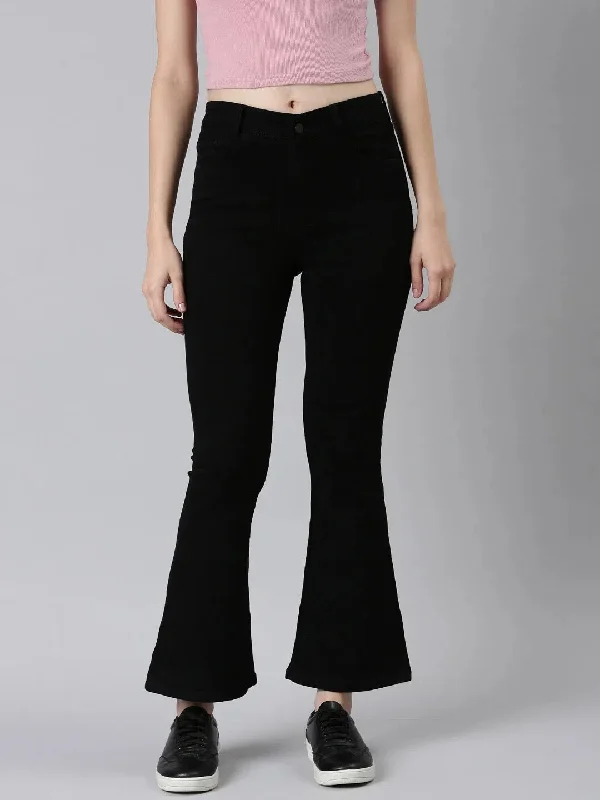 Women Black Solid Flared Denim Jeans-GZ-5469-Black Classic Blue Denim Jeans