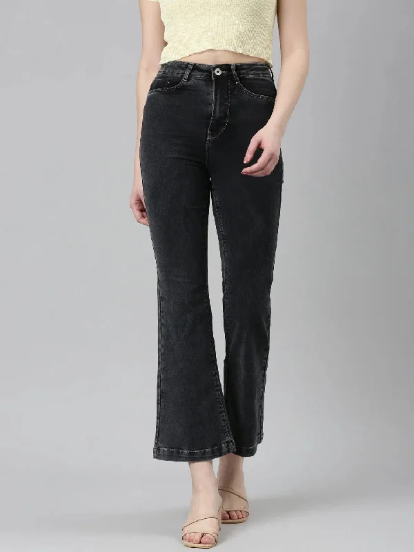 Women Black Solid Flared Denim Jeans-IM-10305-Black Trendy Wide-Leg High-Waist Denim
