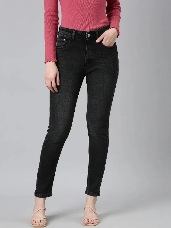 Women Black Solid Regular Fit Denim Jeans-GZ-5505-Black Fashionable Bootcut Jeans