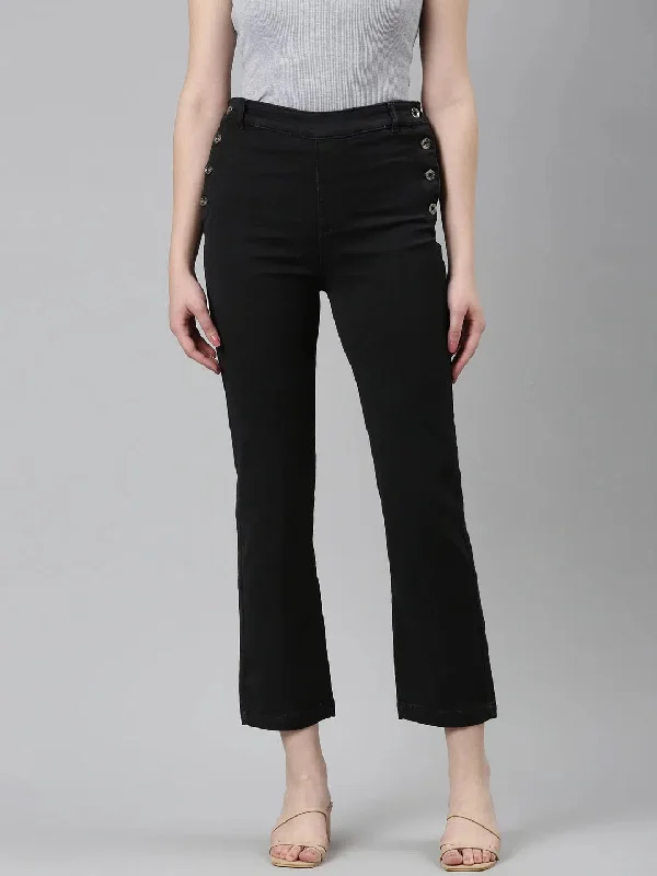 Women Black Solid Straight Fit Denim Jeans-IM-10367-Black Chic Rolled Cuff Denim Jeans