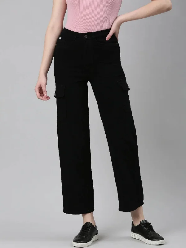 Women Black Solid Straight Fit Denim Jeans-IM-10658-Black Comfortable Drawstring Waist Jeans