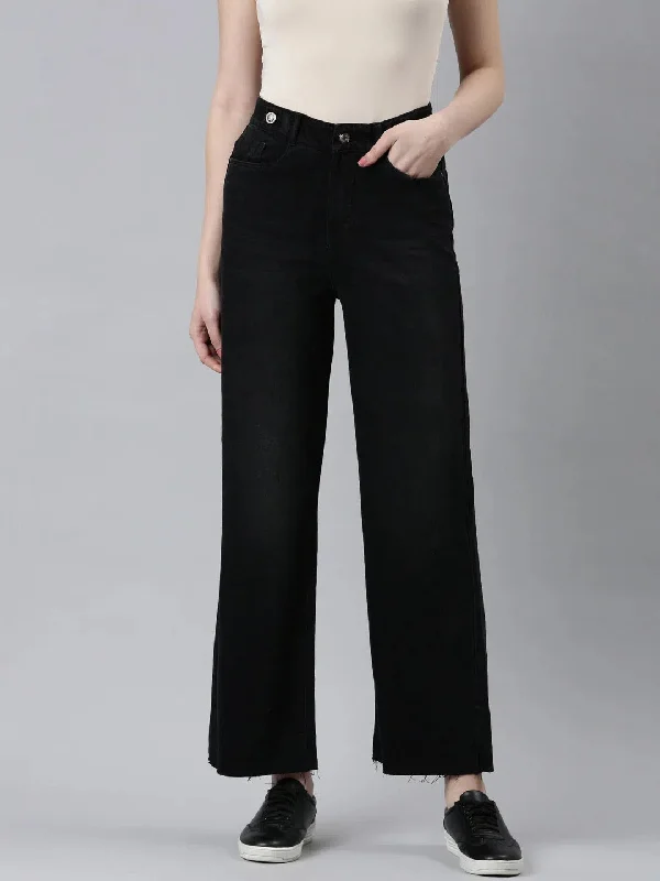 Women Black Solid Wide Leg Denim Jeans-IM-10491-Black Classic Button Fly Jeans