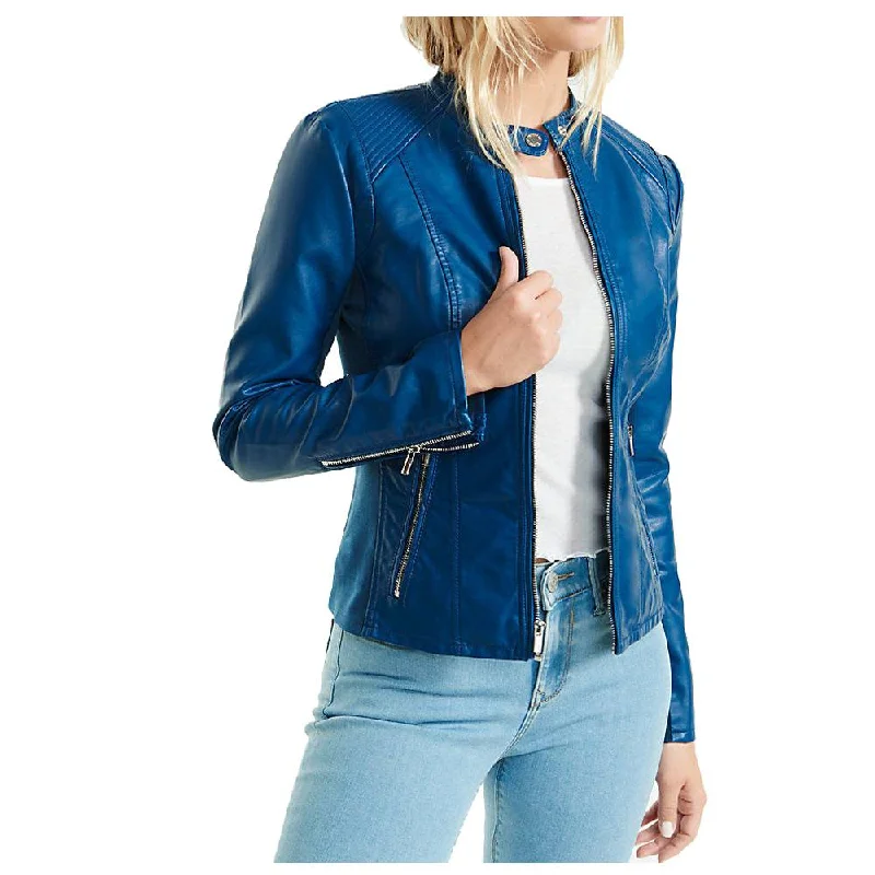 Women Blue Soft Lambskin Motorcycle Racer Leather Jacket Elasticated Jacket Padded Jacket Insulated Jacket