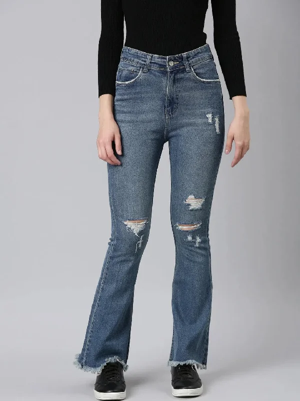 Women Blue Solid Bootcut Denim Jeans-GZ-5279-Blue Trendy Paperbag Waist Jeans