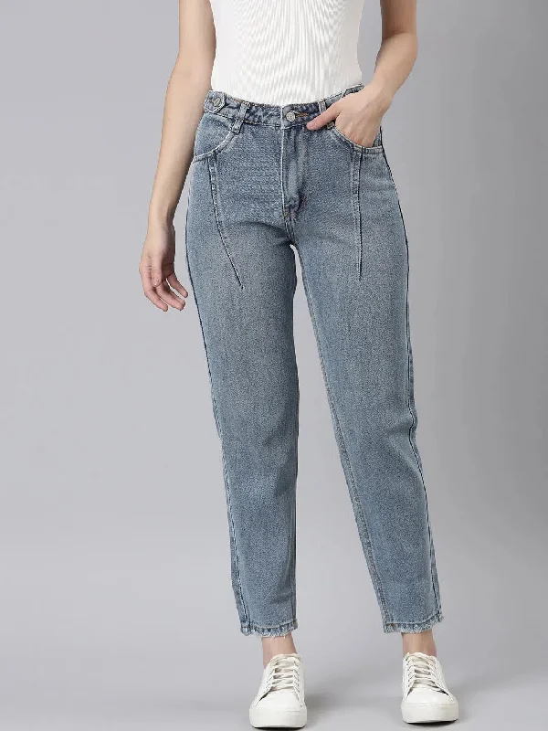 Women Blue Solid Regular Fit Denim Jeans-GZ-5022-1-Blue Cozy Relaxed Fit Jeans