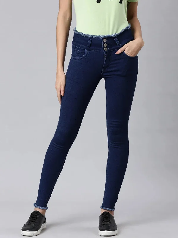 Women Blue Solid Skinny Fit Denim Jeans-LT-105382-Blue Comfortable Folded Hem Jeans
