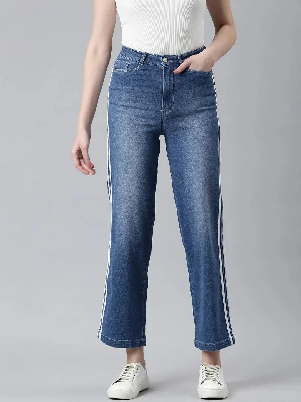 Women Blue Solid Wide Leg Denim Jeans-IM-10478-Blue Fashionable Relaxed Fit Denim