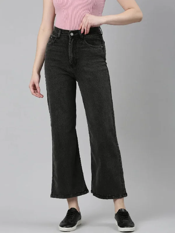 Women Charcoal Solid Wide Leg Denim Jeans-GZ-5508-Charcoal Stylish High-Waisted Denim