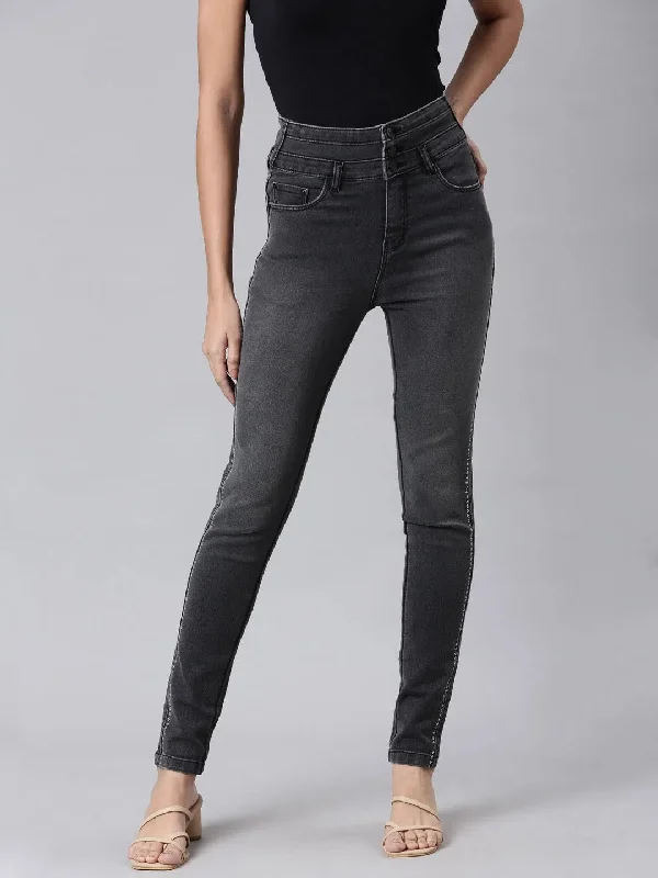 Women Grey Embellished Skinny Fit Denim Jeans-LT-023067-Grey Comfortable Stretch Fit Jeans