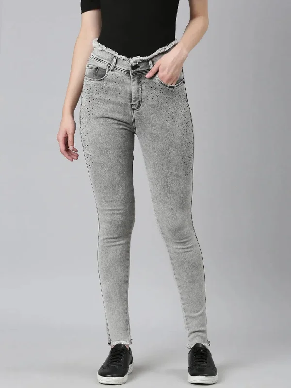 Women Grey Embellished Skinny Fit Denim Jeans-LT-205583-Grey Stylish Slim Fit Denim