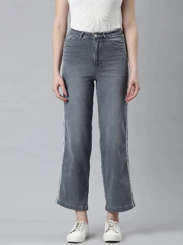 Women Grey Solid Wide Leg Denim Jeans-IM-10478A-Grey Casual Bootcut Ripped Jeans