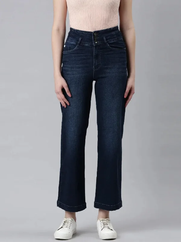 Women Navy Blue Solid Straight Fit Denim Jeans-IM-10419-Navyblue Trendy Layered Pocket Jeans