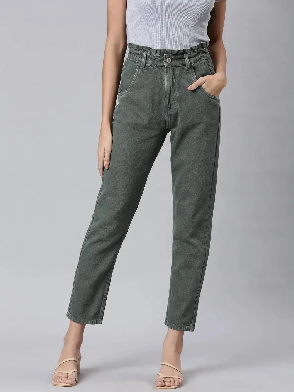 Women Olive Solid Regular Fit Denim Jeans-GZ-5550-1-Olive Elegant Dark-Wash Bootcut Jeans