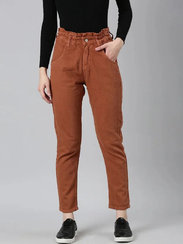 Women Rust Solid Regular Fit Denim Jeans-GZ-5550-Rust Fashionable Slouchy Fit Jeans