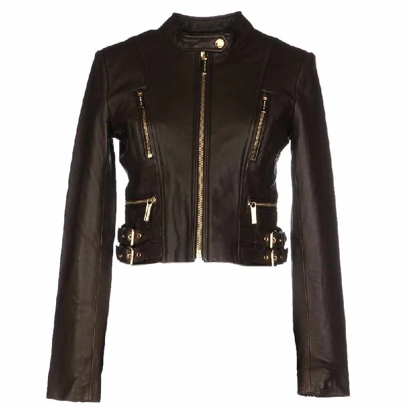 Slim Fit Fashion Black Leather Jacket Tiered Jacket Buttoned Jacket Zippered Jacket