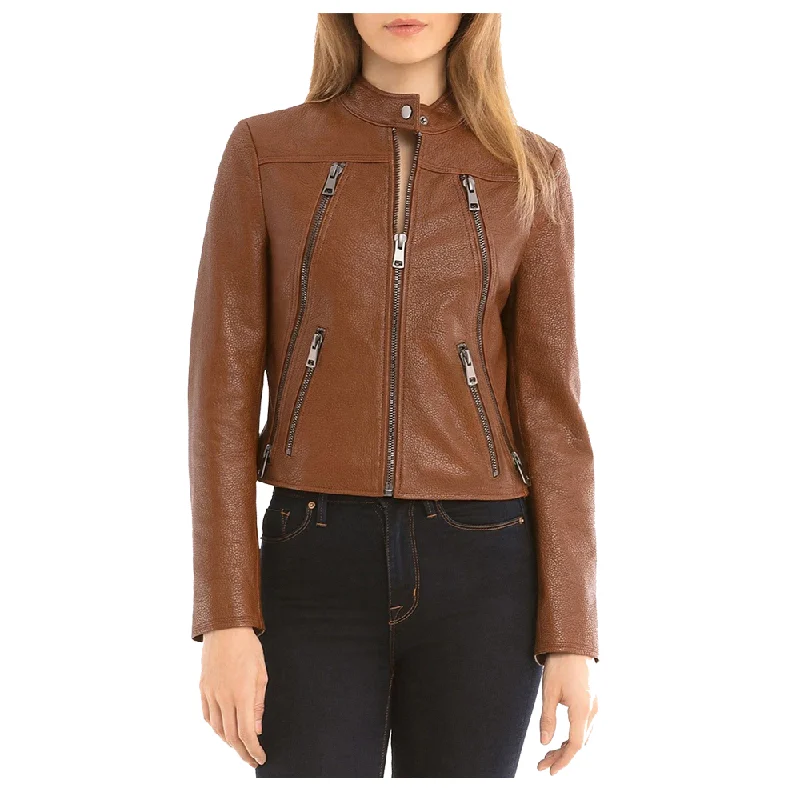 Women Slim Fit Fashion Brown Biker Leather Jacket Fleece Jacket Down Jacket Parka