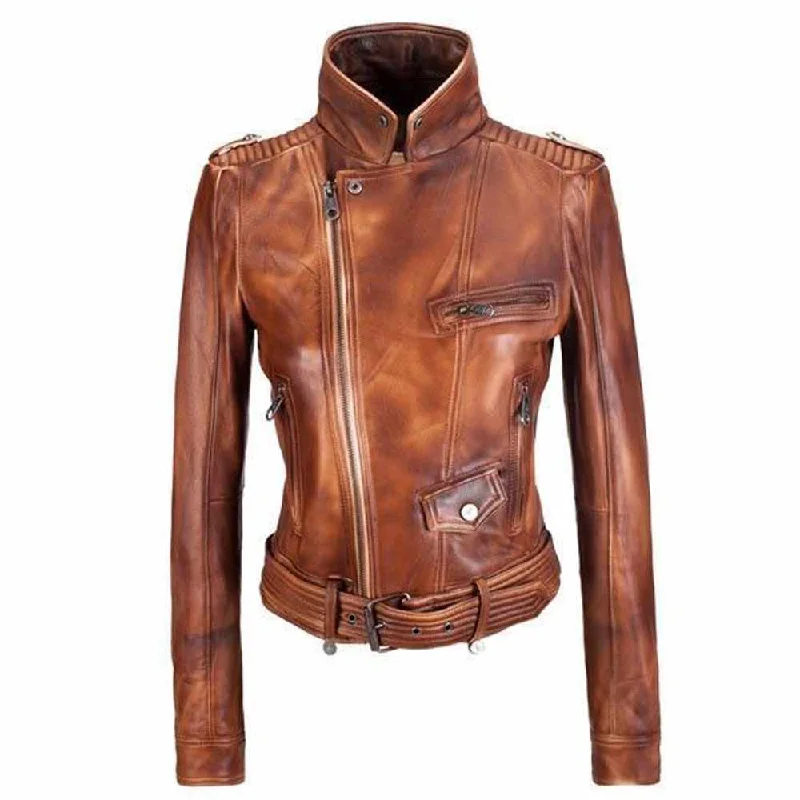 Slim Fit Brown Waxed Leather Jacket Zippered Jacket Buttoned Jacket Snapped Jacket