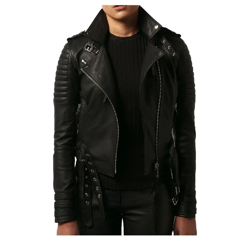 WOMEN WAIST BELTED MOTO SLIM FIT BIKER JACKET LAMBSKIN BIKER JACKET Zippered Jacket Buttoned Jacket Snapped Jacket