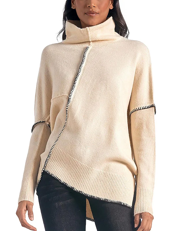 Womens Asymmetric Whipstitch Pullover Sweater Velvet Chenille Corduroy