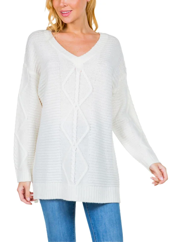 Womens Cable Knit Long Sleeve Pullover Sweater Mesh Blend Leather Blend Suede Blend