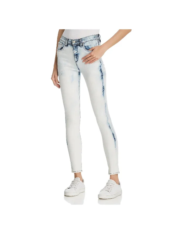 Womens Denim Faded Skinny Jeans Stylish Paperbag Waist Denim