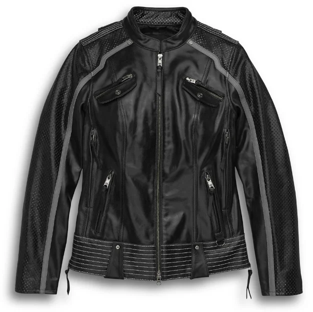 Women's Hairpin Leather Jacket Front Pockets Side Pockets Patch Pockets