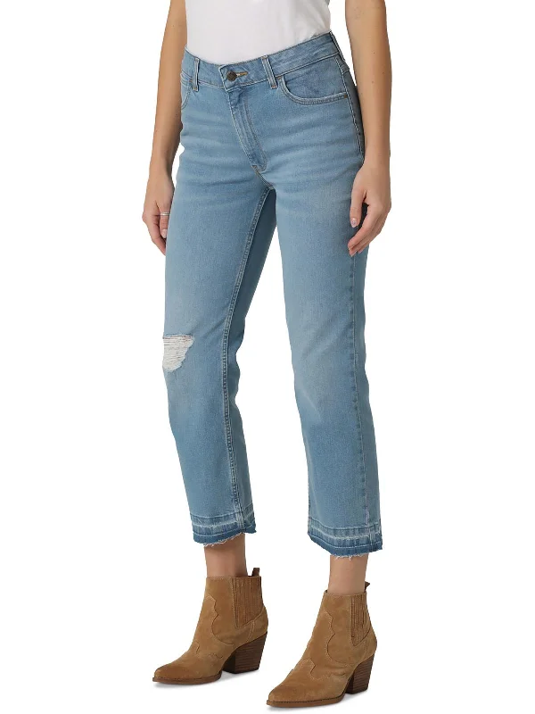 Womens High Rise Light Wash Straight Leg Jeans Chic Rip-Detail High-Waist Jeans