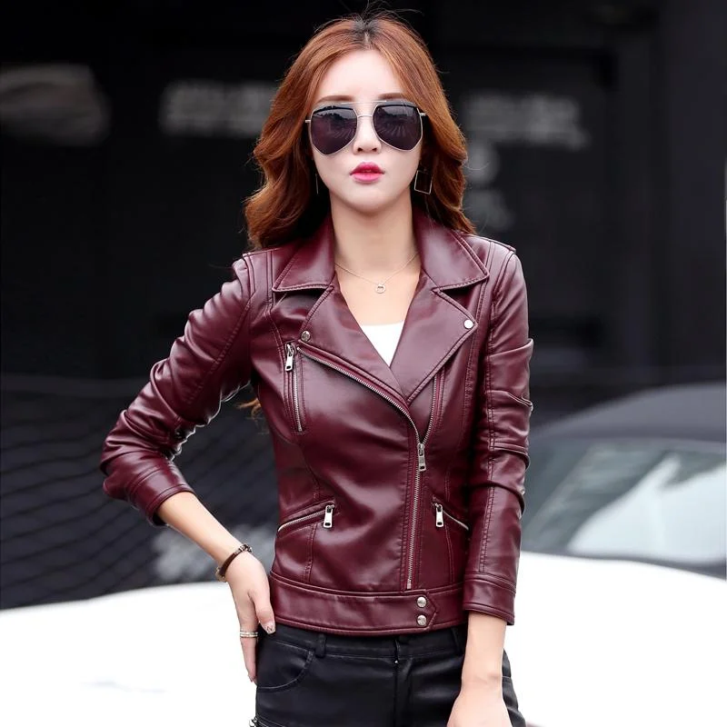 Women's Real Leather Jacket  Spring Stand-Up Collar Roll-Neck Collar Turtle Neck