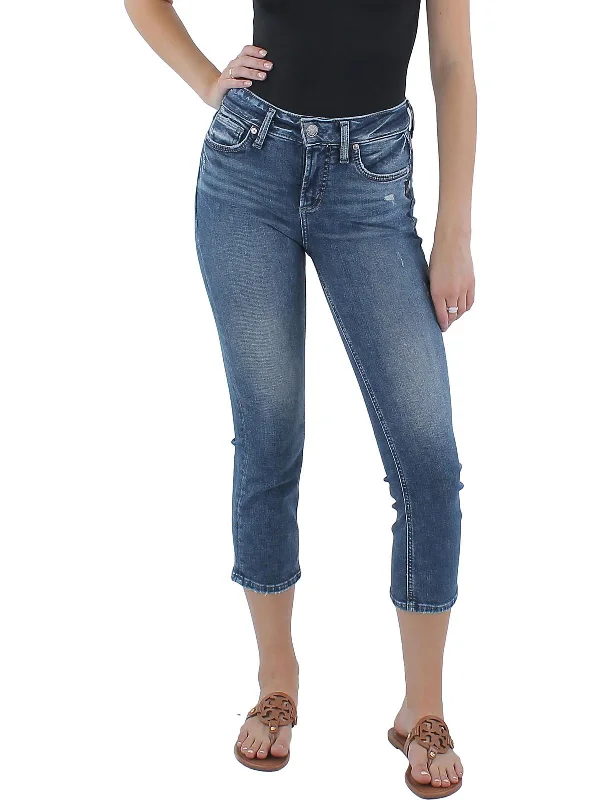 Womens Mid Rise Medium Wash Capri Jeans Elegant High-Waisted Flared Jeans