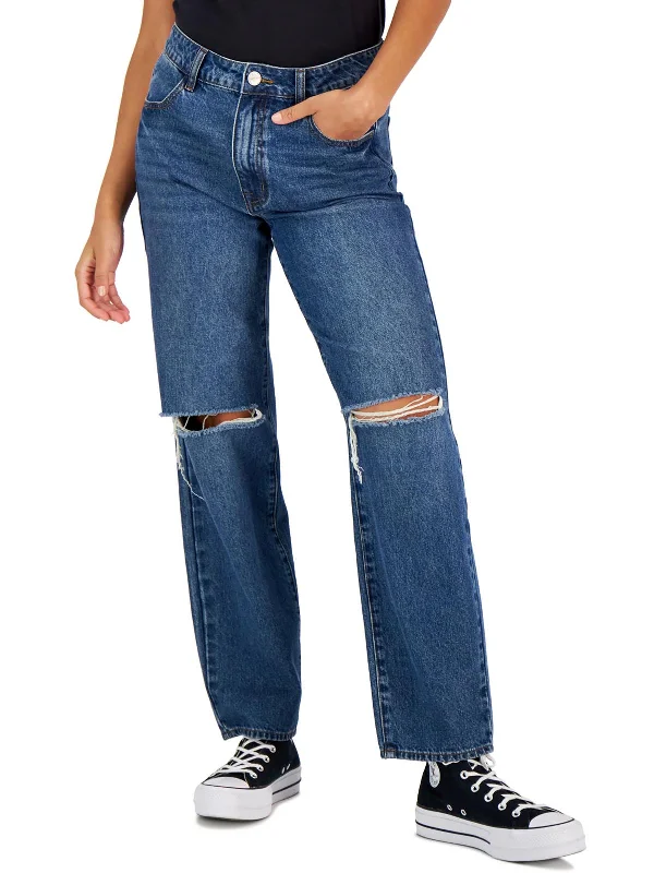 Womens Mid Rise Medium Wash Straight Leg Jeans Trendy Bootcut High-Waisted Jeans