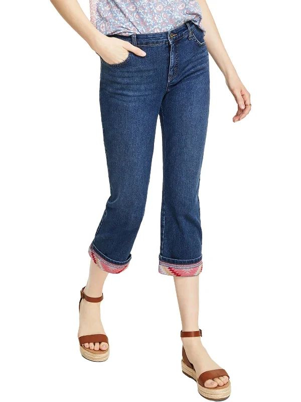 Womens Mid Rise Slimming Capri Jeans Chic Rolled Cuff Denim Jeans