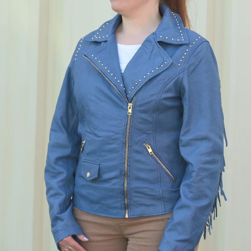 Women's Studded Leather Jacket with Removable Fringe Anorak Shell Jacket Lightweight Jacket