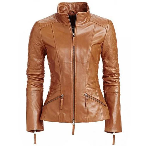 Women's stylish English Tan leather jacket with quilted patches Appliqued Jacket Beaded Jacket Sequined Jacket