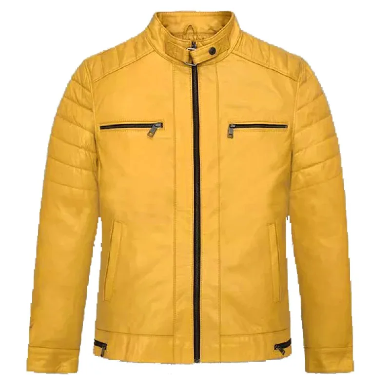 Yellow Slim Fit Zipper Leather Jacket Welt Pockets Slit Pockets Flap Pockets