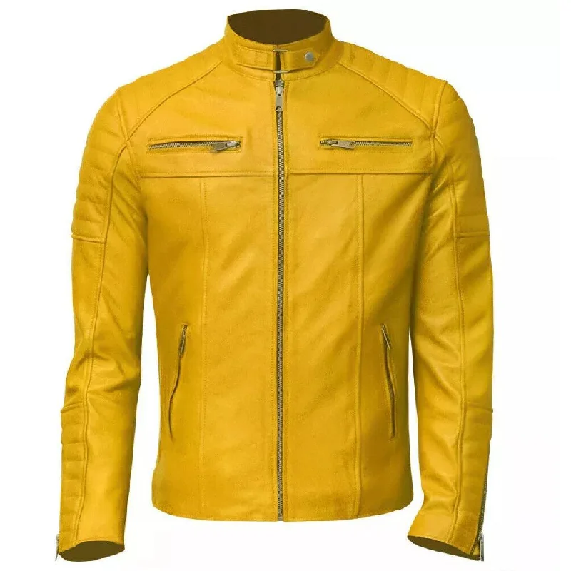 Yellow Slim Fit Leather Jacket One-Shoulder Jacket Off-the-Shoulder Jacket Asymmetrical Jacket