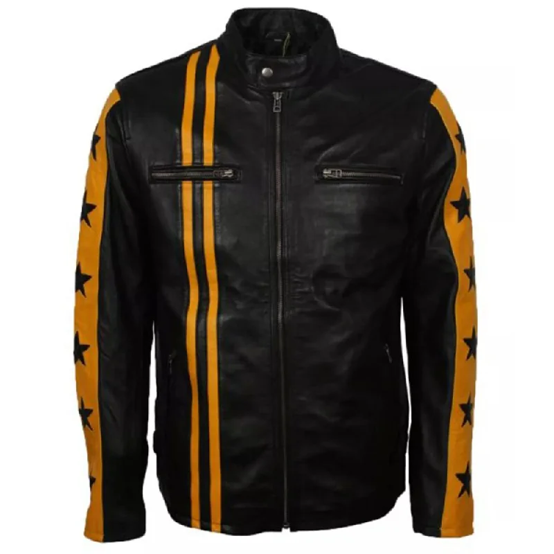 Yellow Stripe Black Star Leather Jacket Snapped Jacket Toggled Jacket Drawstring Jacket