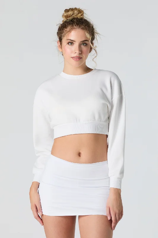 Solid Fleece Cropped Sweatshirt Hoodie with Tied Waist Feminine Flattering