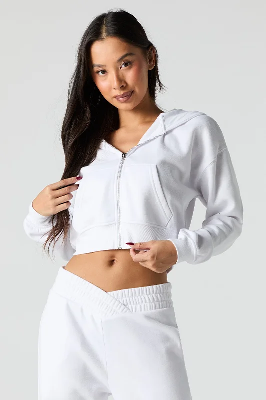 Zip-Up Cropped Fleece Hoodie Hoodie with Lace Feminine Delicate