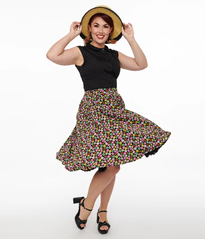 1950s Black & Multicolor Flower Print Swing Skirt linen skirt natural