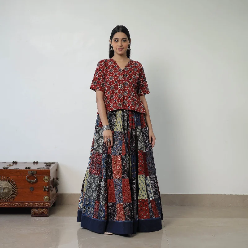Multicolor - 24 Kali Patchwork Block Printed Cotton Ajrakh Skirt 47 satin skirt smooth