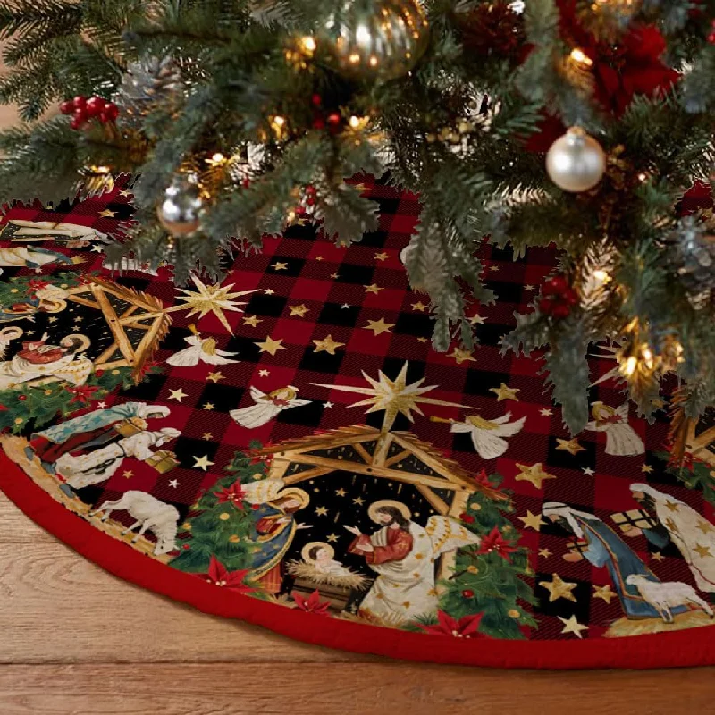48 Inch Jesus Nativity Holy Night Christmas Tree Skirt Collar - Red Buffalo Plaid lace skirt romantic