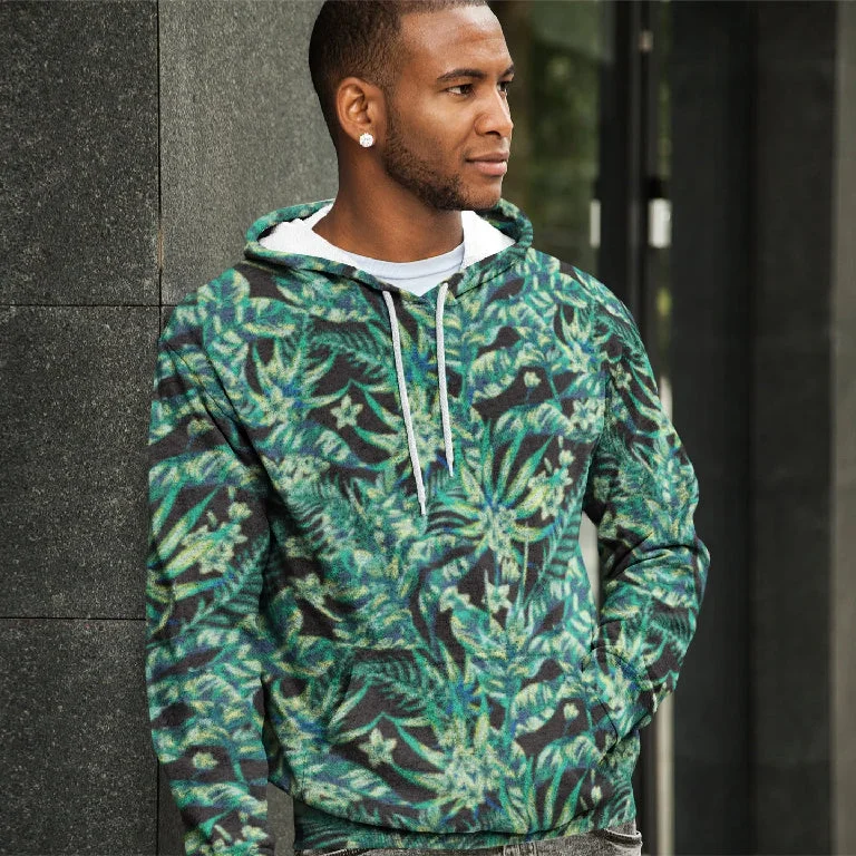 65 MCMLXV Unisex Black Tonal Tropical Print Pull-over Hoodie Hoodie with V-Neck Classic Versatile