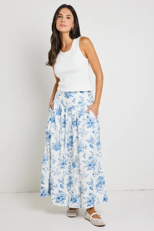 Affinity Porcelain Print Shirred Back Tiered Maxi Skirt linen skirt natural