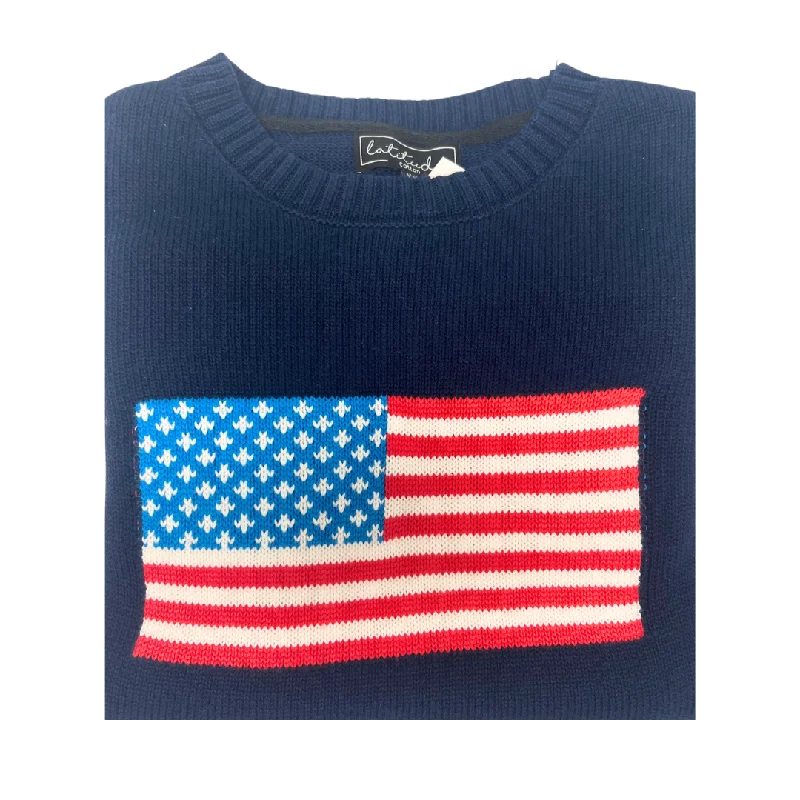 Latitude Ladies Navy Sweater with American Flag Plaid Sweater Polka Dot Checkered