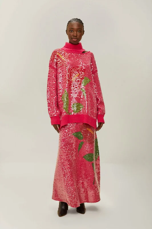 Pink Anthurium Flowers Sequins Midi Skirt leather skirt refined