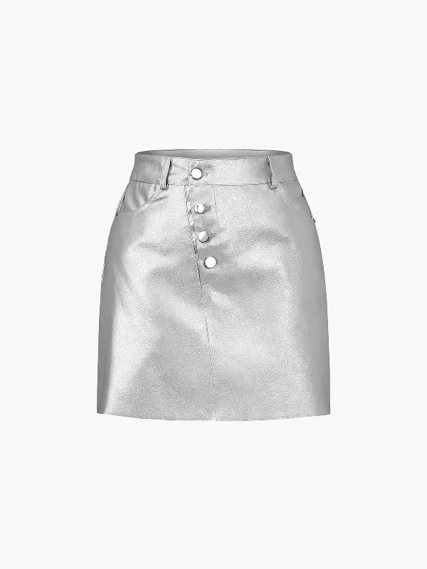 BerryBetty - Asymmetric Buttoned Metallic Leather Mini Skirt lace skirt romantic